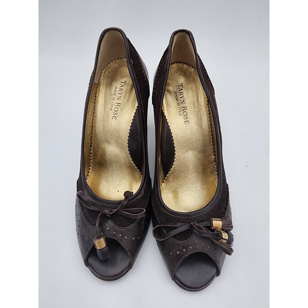 Taryn Rose Brown Heels Leather Suede Wing Tip Peep Toe Size 38